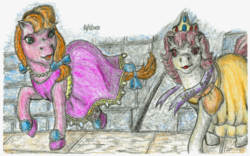 Size: 942x587 | Tagged: safe, artist:elfman83ml, g1, my little pony: escape from catrina, bow, clothes, crown, dress, jewelry, regalia, tail bow, traditional art