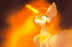 Size: 3800x2500 | Tagged: safe, artist:nightskrill, nightmare star, princess celestia, alicorn, pony, g4, beautiful, cute, female, glowing eyes, glowing horn, glowing mane, happy, high res, horn, missing accessory, solo