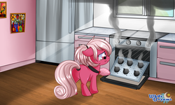 Size: 2545x1529 | Tagged: safe, artist:xwhitedreamsx, oc, oc only, earth pony, pony, accident, burnt, choker, commission, crepuscular rays, crying, cupcake, cute, female, filly, floppy ears, food, kitchen, oven mitts, sad, smoke, solo, sunlight, teary eyes