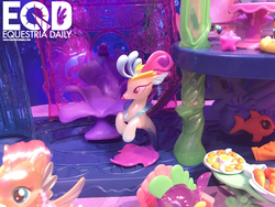 Size: 1200x900 | Tagged: safe, fluttershy, queen novo, spike, fish, puffer fish, seapony (g4), equestria daily, g4, my little pony: the movie, brushable, canterlot & seaquestria castle, irl, photo, playset, seaponified, seapony fluttershy, species swap, spike the pufferfish, toy, toy fair, toy fair 2017