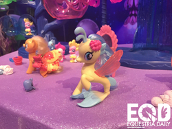 Size: 1200x900 | Tagged: safe, applejack, jelly bee, princess skystar, sea poppy, fish, seapony (g4), equestria daily, g4, my little pony: the movie, brushable, canterlot & seaquestria castle, irl, photo, playset, sea filly, sea foal, seaponified, seapony applejack, seashell, species swap, toy, toy fair, toy fair 2017