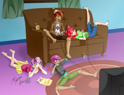 Size: 1024x791 | Tagged: safe, artist:shinta-girl, apple bloom, button mash, scootaloo, sweetie belle, equestria girls, g4, ankles, barefoot, belly, buttonbetes, clothes, controller, cute, cutie mark crusaders, equestria girls outfit, feet, gaming, group, male feet, missing shoes, shorts, skirt, snes controller