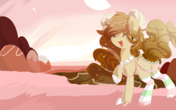 Size: 2672x1680 | Tagged: safe, artist:xsidera, oc, oc only, oc:mint cocoa, original species, pond pony, clothes, eyes closed, female, mare, raised hoof, smiling, socks, solo, striped socks