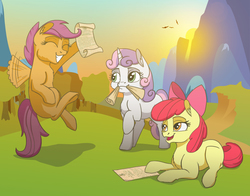 Size: 1082x850 | Tagged: safe, artist:taneysha, apple bloom, scootaloo, sweetie belle, bird, owl, pegasus, pony, unicorn, g4, blank flank, bow, crossover, cutie mark crusaders, eyes closed, female, flying, grin, hair bow, harry potter (series), hoof hold, hooves, horn, letter, mouth hold, open mouth, prone, raised hoof, smiling, spread wings, wings