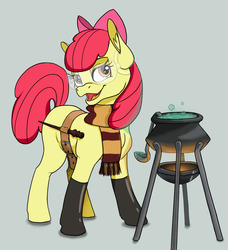 Size: 1050x1150 | Tagged: safe, artist:taneysha, apple bloom, earth pony, pony, g4, cauldron, clothes, crossover, female, gryffindor, harry potter (series), latex socks, potion, potion making, safety goggles, scarf, socks, solo, wand