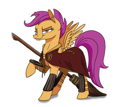 Size: 800x700 | Tagged: safe, artist:taneysha, scootaloo, pegasus, pony, g4, broom, cape, clothes, crossover, female, gryffindor, harry potter (series), quidditch, simple background, solo, white background