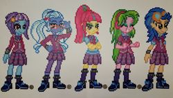 Size: 5149x2897 | Tagged: safe, artist:jrfromdallas, indigo zap, lemon zest, sour sweet, sugarcoat, sunny flare, equestria girls, g4, bead sprite, clothes, crystal prep academy uniform, crystal prep shadowbolts, high res, irl, looking at you, photo, pixel art, school uniform, shadow five, sprite