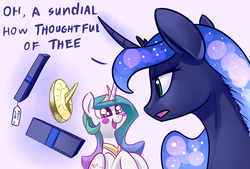 Size: 1748x1181 | Tagged: safe, artist:underpable, princess celestia, princess luna, alicorn, pony, g4, blush sticker, blushing, constellation, constellation hair, curved horn, cute, cutelestia, dialogue, duo, female, happy, hooves to the chest, horn, luna is not amused, magic, mare, open mouth, present, royal sisters, sarcasm, shiny eyes, siblings, sisters, starry mane, sundial, unamused