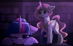 Size: 2480x1591 | Tagged: dead source, safe, artist:magnaluna, part of a set, princess celestia, twilight sparkle, alicorn, pony, g4, female, floppy ears, lesbian, one eye closed, part of a series, pink-mane celestia, ship:twilestia, shipping, story in the source