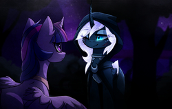 Size: 2349x1489 | Tagged: safe, artist:magnaluna, part of a set, princess luna, twilight sparkle, alicorn, pony, g4, alternate design, blood, cloak, clothes, curved horn, duo, eyeshadow, horn, makeup, night, one eye closed, part of a series, smiling, starry night, stars, story in the source, twilight sparkle (alicorn), white-haired luna, wink