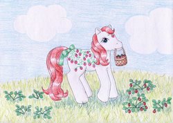 Size: 1024x728 | Tagged: safe, artist:normaleeinsane, sugarberry, pony, g1, basket, female, mouth hold, solo, traditional art