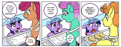 Size: 1200x464 | Tagged: safe, artist:muffinshire, twilight sparkle, pony, unicorn, comic:twilight's first day, g4, apron, clothes, comic, dialogue, disgusted, filly, filly twilight sparkle, floppy ears, food, hairnet, looking at each other, looking down, looking up, open mouth, preview, quesadilla, smiling, sneak peek, spatula, they're just so cheesy, tongue out, wip