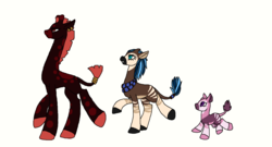 Size: 1080x585 | Tagged: safe, artist:angrykarin666, oc, oc only, oc:jungle blossom, oc:pitaya, oc:stop sign, giraffe, hybrid, okapi, colored hooves, family, interspecies offspring, offspring, simple background, tail ring, trio
