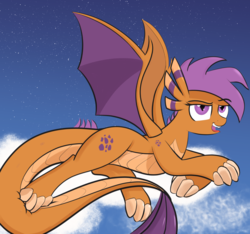 Size: 1024x957 | Tagged: safe, artist:cosmonaut, scootaloo, dragon, g4, cloud, dragonified, female, on a cloud, scootadragon, solo, species swap