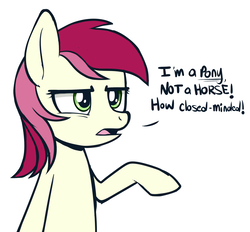 Size: 1153x1070 | Tagged: safe, artist:higglytownhero, roseluck, earth pony, horse, pony, g4, denial, dialogue, female, frown, mare, open mouth, raised hoof, simple background, solo, white background