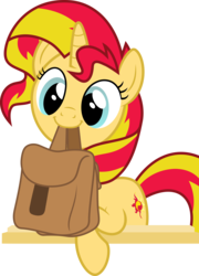 Size: 9161x12706 | Tagged: dead source, safe, artist:pink1ejack, edit, vector edit, sunset shimmer, pony, unicorn, g4, to where and back again, absurd resolution, bag, cute, female, meta, mouth hold, saddle bag, shimmerbetes, simple background, smiling, solo, to saddlebags and back again, transparent background, twitter, vector