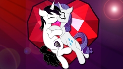 Size: 1920x1080 | Tagged: safe, artist:barrfind, rarity, oc, oc:barrfind, pony, unicorn, g4, canon x oc, female, fire ruby, heart, kissing, love, male, rarifind, shipping, straight, vector, wallpaper