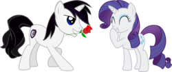Size: 3972x1669 | Tagged: safe, artist:barrfind, rarity, oc, oc:barrfind, pony, unicorn, g4, ^^, canon x oc, date, eyes closed, female, flower, giggling, male, mare, rarifind, rose, shipping, simple background, stallion, straight, transparent background, vector