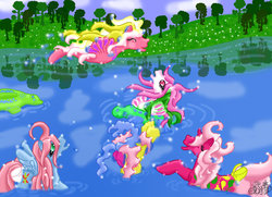 Size: 1024x743 | Tagged: safe, artist:gwendelyn, baby sugarcake, baby up up and away, dipper, seaspray (g1), pony, sea pony, g1, baby, baby pony