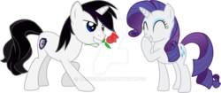 Size: 1024x430 | Tagged: safe, artist:barrfind, rarity, oc, oc:barrfind, pony, unicorn, g4, canon x oc, date, female, flower, giggling, male, rarifind, rose, shipping, simple background, straight, transparent background, vector, watermark