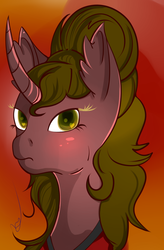 Size: 1169x1777 | Tagged: safe, artist:epicenehs, oc, oc only, pony, unicorn, blushing, bust, curved horn, female, frown, horn, solo