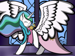 Size: 4000x3000 | Tagged: safe, artist:miragepotato, princess celestia, alicorn, pony, g4, clothes, dancing, dress, eyes closed, female, solo, spread wings