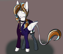 Size: 2001x1725 | Tagged: safe, artist:epicenehs, oc, oc only, oc:apalis, pegasus, pony, bell, bell collar, choker, clothes, collar, female, girdle, hoodie, simple background, socks, solo, torn socks, unamused