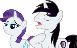 Size: 1024x644 | Tagged: safe, artist:barrfind, rarity, oc, oc:barrfind, pony, unicorn, g4, canon x oc, eyes closed, female, male, rarifind, shipping, simple background, straight, talking, transparent background, vector, watermark