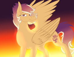 Size: 1700x1300 | Tagged: safe, artist:neonaarts, oc, oc only, oc:sunrise skies, pegasus, pony, ear fluff, female, fire, looking at you, mare, solo, wing fluff