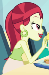 Size: 482x738 | Tagged: safe, screencap, blueberry cake, rose heart, equestria girls, g4, my little pony equestria girls, cropped, ear piercing, earring, female, food, hot dog, jewelry, meat, piercing, sausage, solo