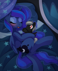Size: 1318x1618 | Tagged: safe, artist:pearlyiridescence, princess luna, oc, oc:dusky, alicorn, pegasus, pony, g4, bed, bedroom, blushing, canon x oc, cuddling, cute, eyes closed, female, implied canon x oc, implied shipping, lying down, on side, open mouth, plushie, sleeping, snuggling