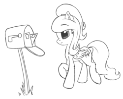 Size: 1280x1024 | Tagged: safe, artist:malwinters, oc, oc only, oc:nightwind, pegasus, pony, female, mail, mailbox, mare, monochrome, raised hoof, simple background, solo, white background