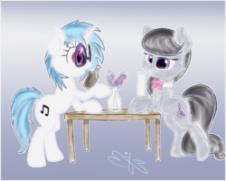 Size: 750x600 | Tagged: safe, artist:malwinters, dj pon-3, octavia melody, vinyl scratch, pony, g4, drink, magic, table, telekinesis