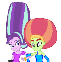 Size: 892x896 | Tagged: safe, artist:ktd1993, starlight glimmer, tree hugger, equestria girls, g4, afro, alternate hairstyle, beehive hairdo, crack shipping, equestria girls-ified, female, lesbian, shipping, starhugger
