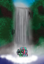 Size: 706x1029 | Tagged: safe, artist:silversthreads, oc, oc only, oc:seajade, aquapony, original species, nature, pond, scenery, solo, waterfall
