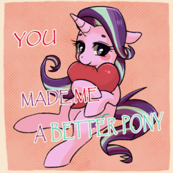 Size: 800x800 | Tagged: safe, artist:phyllismi, starlight glimmer, pony, unicorn, g4, blushing, cute, eyebrows, female, floppy ears, heart, hug, looking at you, mare, smiling, solo, text, valentine's day card