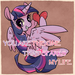 Size: 800x800 | Tagged: safe, artist:phyllismi, twilight sparkle, alicorn, pony, g4, blushing, female, grin, heart, hoof hold, looking at you, looking over shoulder, papyrus, smiling, solo, spread wings, text, twilight sparkle (alicorn), valentine's day card