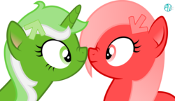 Size: 2911x1672 | Tagged: safe, artist:arifproject, oc, oc only, oc:downvote, oc:upvote, earth pony, pony, unicorn, derpibooru, g4, boop, cute, derpibooru ponified, duo, hairclip, looking at each other, meta, nose wrinkle, noseboop, ponified, simple background, smiling, transparent background, vector