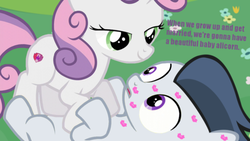 Size: 959x539 | Tagged: safe, artist:lunaticdawn, rumble, sweetie belle, pony, unicorn, g4, bedroom eyes, colt, cutie mark, female, filly, foal, kiss mark, lipstick, male, on back, open mouth, ship:rumbelle, shipping, straight, the cmc's cutie marks