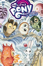 Size: 1054x1600 | Tagged: safe, artist:sararichard, angel bunny, owlowiscious, barn owl, owl, rabbit, g4, idw, spoiler:comic, spoiler:comic54, animal, candy, cover, food, lollipop, tootsie pop