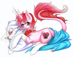 Size: 1024x791 | Tagged: safe, artist:bunnywhiskerz, oc, oc only, oc:snuggle bugg, changeling, pony, unicorn, alcohol, blanket, changeling oc, clothes, cute, femboy, long tail, magic, male, pillow, red wine, redhead, scarf, socks, solo, traditional art, wine