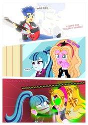 Size: 1600x2263 | Tagged: source needed, safe, artist:jucamovi1992, flash sentry, sonata dusk, oc, oc:aglaope, equestria girls, g4, clothes, comic, guitar