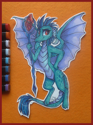 Size: 1280x1707 | Tagged: safe, artist:tay-niko-yanuciq, princess ember, dragon, g4, bloodstone scepter, dragon lord ember, female, looking at you, smiling, solo, spread wings, traditional art