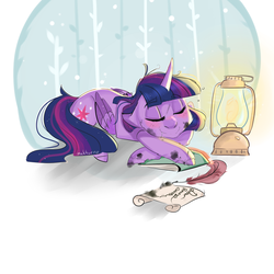Size: 1024x1024 | Tagged: safe, artist:zakkurro, twilight sparkle, alicorn, pony, g4, eyes closed, female, folded wings, ink, ink stain, lantern, letter, quill, signature, sleeping, solo, twilight sparkle (alicorn), wings