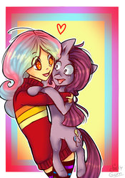 Size: 700x1000 | Tagged: safe, artist:chiclygom, pinkie pie, oc, oc:chicly gom, earth pony, human, pony, g4, duo, heart, holding, pinkamena diane pie