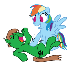 Size: 746x686 | Tagged: safe, artist:madmax, edit, rainbow dash, oc, oc:ian, earth pony, pegasus, pony, g4, base used, duo, laughing, simple background, tickling, trace, white background