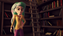 Size: 1920x1080 | Tagged: safe, artist:razethebeast, princess celestia, principal celestia, equestria girls, g4, 3d, book, bookshelf, clothes, female, ladder, pants, solo, source filmmaker