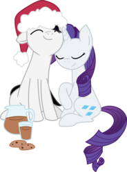 Size: 2616x3549 | Tagged: safe, artist:barrfind, rarity, oc, oc:barrfind, pony, unicorn, g4, canon x oc, chocolate, chocolate milk, cookie, cuddling, eyes closed, female, food, hat, high res, love, male, mare, milk, rarifind, santa hat, shipping, simple background, smiling, snuggling, straight, transparent background, vector