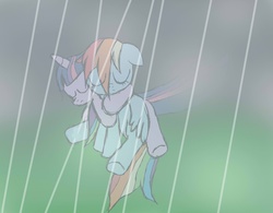 Size: 1552x1210 | Tagged: safe, artist:unlicensedbrony, rainbow dash, twilight sparkle, g4, comforting, female, hug, hug from behind, lesbian, rain, sad, ship:twidash, shipping