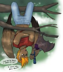 Size: 772x882 | Tagged: safe, artist:askbubblelee, oc, oc only, oc:dewberry, oc:singe, fruit bat, pegasus, anthro, anthro oc, clothes, crossed arms, cute, dialogue, duo, female, hanging, male, open mouth, pants, shirt, speech bubble, stallion, tree, tree branch, upside down